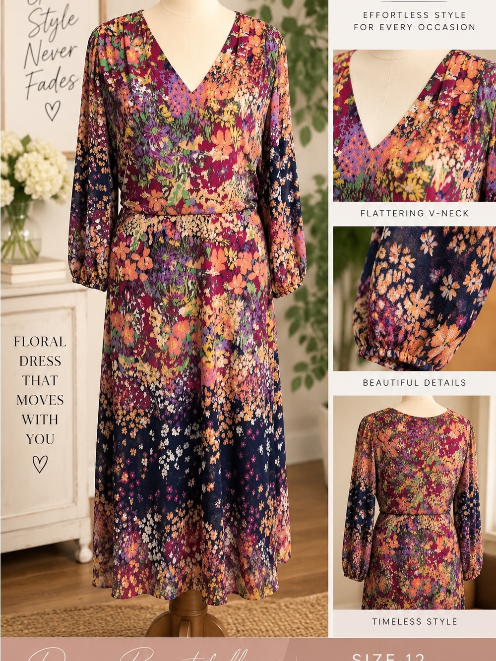 London Times Size 12 Floral Midi Dress Long Sleeve V-Neck NWT Condition